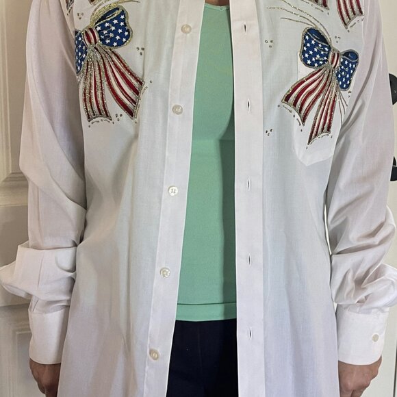 Womens USA Patriotic White Button-Up S / M US Flag Handcraft Vintage Y2K Western - Picture 10 of 15